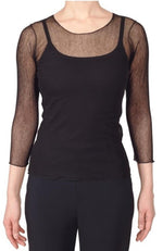 Load image into Gallery viewer, Front view of a woman wearing the porto diva sheer mesh tee over a black tank. This tee is black with 3/4 length sleeves. 
