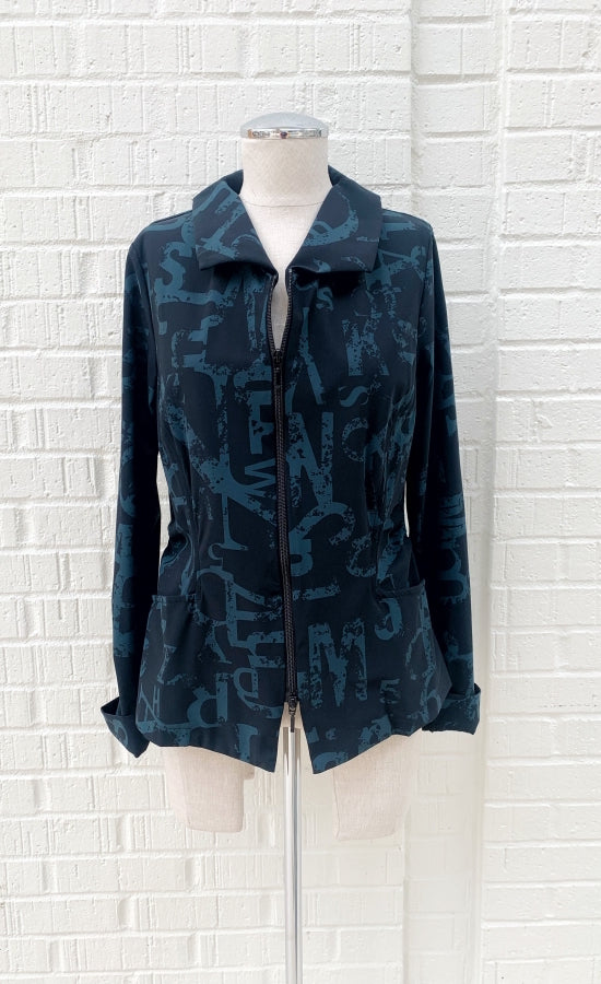 Front view of the porto songbird jacket. This jacket is black with a blue scarab newspaper letter print. The jacket also has a zip up front, a collar, and two front pockets.