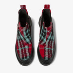 Load image into Gallery viewer, Birdseye view of a pair of the camper blanket/rain multicolor boot. These boots have a chelsea style with elastic sides. The boots have a red, black, and blue plaid print and a chunky black heel.
