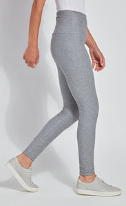 Right side, bottom half view of a woman wearing the Lysse Reversible Cotton Legging. This side of the high-waisted legging is grey colored.