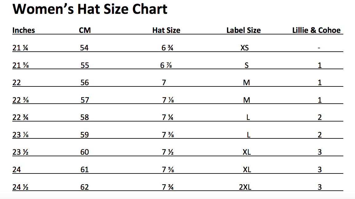 lillie & Cohoe size chart