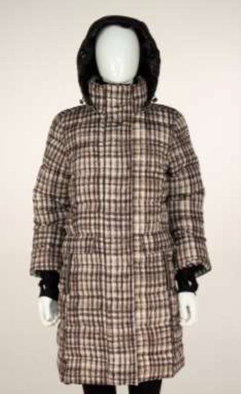 Front full body view of the nikki jones plaid jeannie coat. This coat is white with black and beige/grey plaid print. The coat has a black hood and black sleeve extensions.