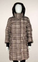 Load image into Gallery viewer, Front full body view of the nikki jones plaid jeannie coat. This coat is white with black and beige/grey plaid print. The coat has a black hood and black sleeve extensions.
