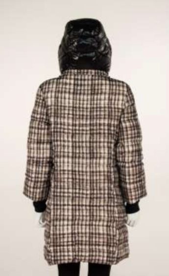 Back full body view of the nikki jones plaid jeannie coat. This coat is white with black and beige/grey plaid print. The coat has a black hood and black sleeve extensions.