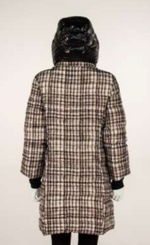 Load image into Gallery viewer, Back full body view of the nikki jones plaid jeannie coat. This coat is white with black and beige/grey plaid print. The coat has a black hood and black sleeve extensions.
