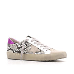 Load image into Gallery viewer, Outer front side view of the shushop paloma sneaker. This sneaker is taupe with snake print sides, a fuschia pink, back and a lace up front 

