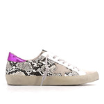 Load image into Gallery viewer, Outer side view of the shushop paloma sneaker. This sneaker is taupe with snake print sides, a fuschia pink, back and a lace up front 
