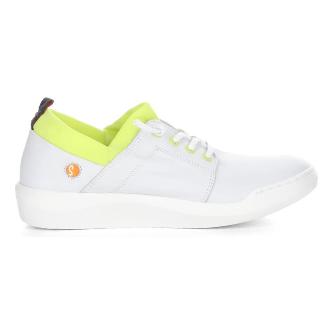 Outer view of the softino byra sneaker. This sneaker is white with a neon green layer of fabric around the opening. The shoes has non-functional white laces.