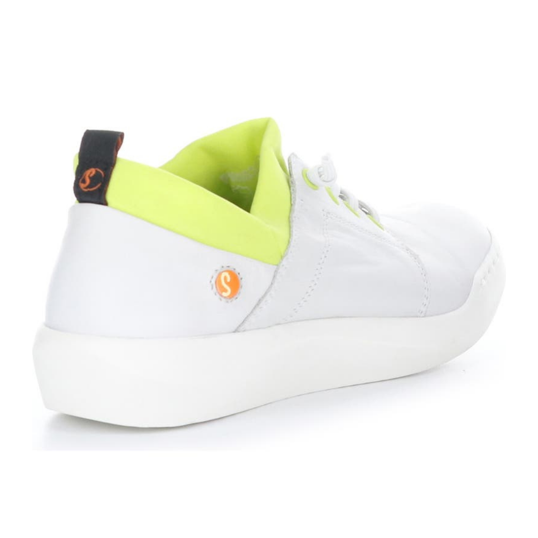 Outer back view of the softino byra sneaker. This sneaker is white with a neon green layer of fabric around the opening. The shoes has non-functional white laces.
