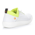 Load image into Gallery viewer, Outer back view of the softino byra sneaker. This sneaker is white with a neon green layer of fabric around the opening. The shoes has non-functional white laces.
