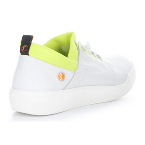 Outer back view of the softino byra sneaker. This sneaker is white with a neon green layer of fabric around the opening. The shoes has non-functional white laces.