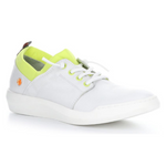 Load image into Gallery viewer, Outer front view of the softino byra sneaker. This sneaker is white with a neon green layer of fabric around the opening. The shoes has non-functional white laces.
