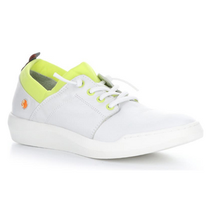 Outer front view of the softino byra sneaker. This sneaker is white with a neon green layer of fabric around the opening. The shoes has non-functional white laces.