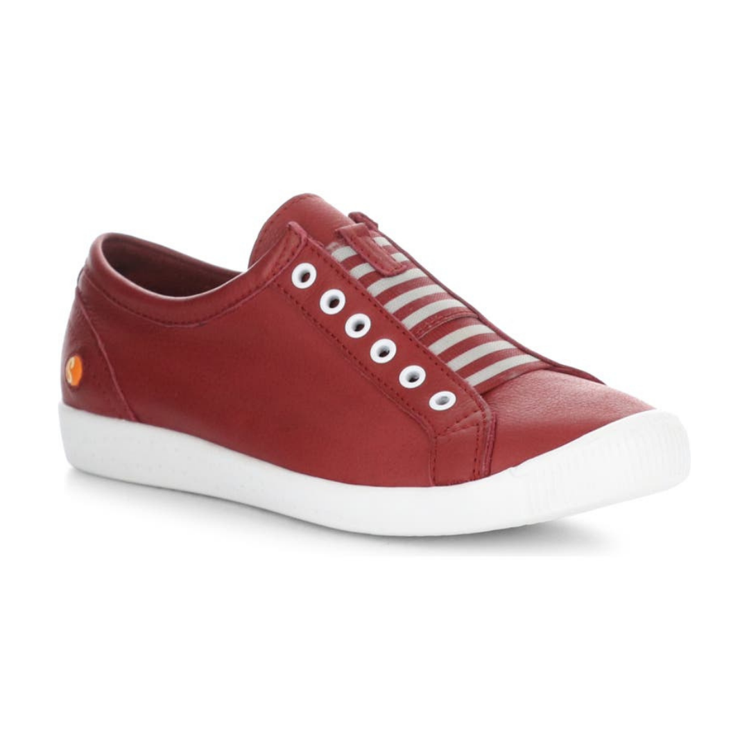 Outer front view of the softinos irit low top sneaker. This slip on shoe is red with a red and white striped gore and a white outsole.