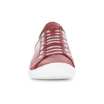 Load image into Gallery viewer, Front view of the softinos irit low top sneaker. This slip on shoe is red with a red and white striped gore and a white outsole.
