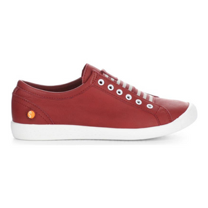 Outer view of the softinos irit low top sneaker. This slip on shoe is red with a red and white striped gore and a white outsole.