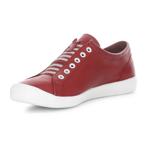 Inner side front view of the softinos irit low top sneaker. This slip on shoe is red with a red and white striped gore and a white outsole.