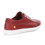 Load image into Gallery viewer, Outer side back view of the softinos irit low top sneaker. This slip on shoe is red with a red and white striped gore and a white outsole.
