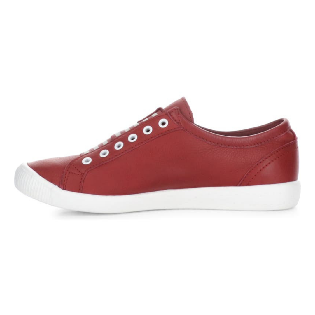 Inner side view of the softinos irit low top sneaker. This slip on shoe is red with a red and white striped gore and a white outsole.