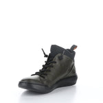 Load image into Gallery viewer, Inner front side view of the softinos biel high top sneaker in army/black. This sneaker has a lace up front, a green outer, and a black sock/like liner.
