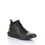 Load image into Gallery viewer, Outer front side view of the softinos biel high top sneaker in army/black. This sneaker has a lace up front, a green outer, and a black sock/like liner.
