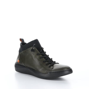 Outer front side view of the softinos biel high top sneaker in army/black. This sneaker has a lace up front, a green outer, and a black sock/like liner.