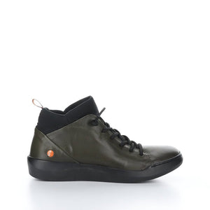 Outer view of the softinos biel high top sneaker in army/black. This sneaker has a lace up front, a green outer, and a black sock/like liner.