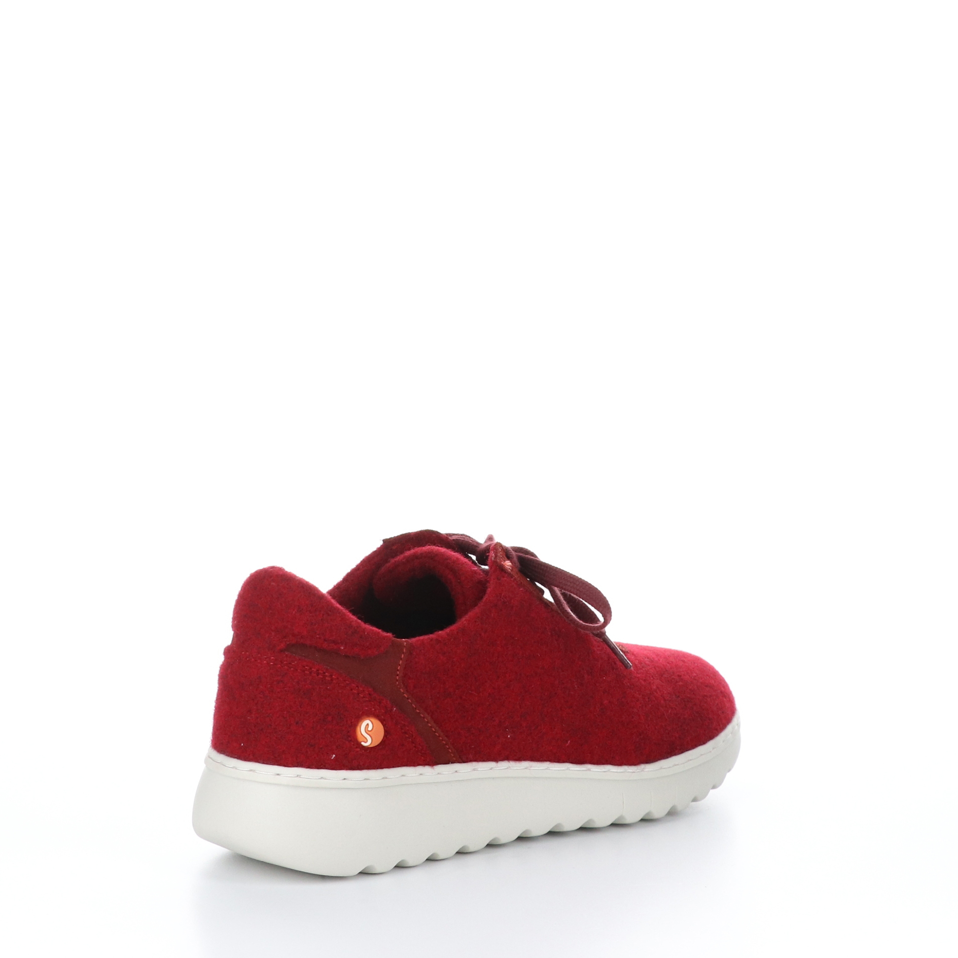 Outer back side view of the softinos elra sneaker in red. These tweed sneakers have a lace up front and a white sole.
