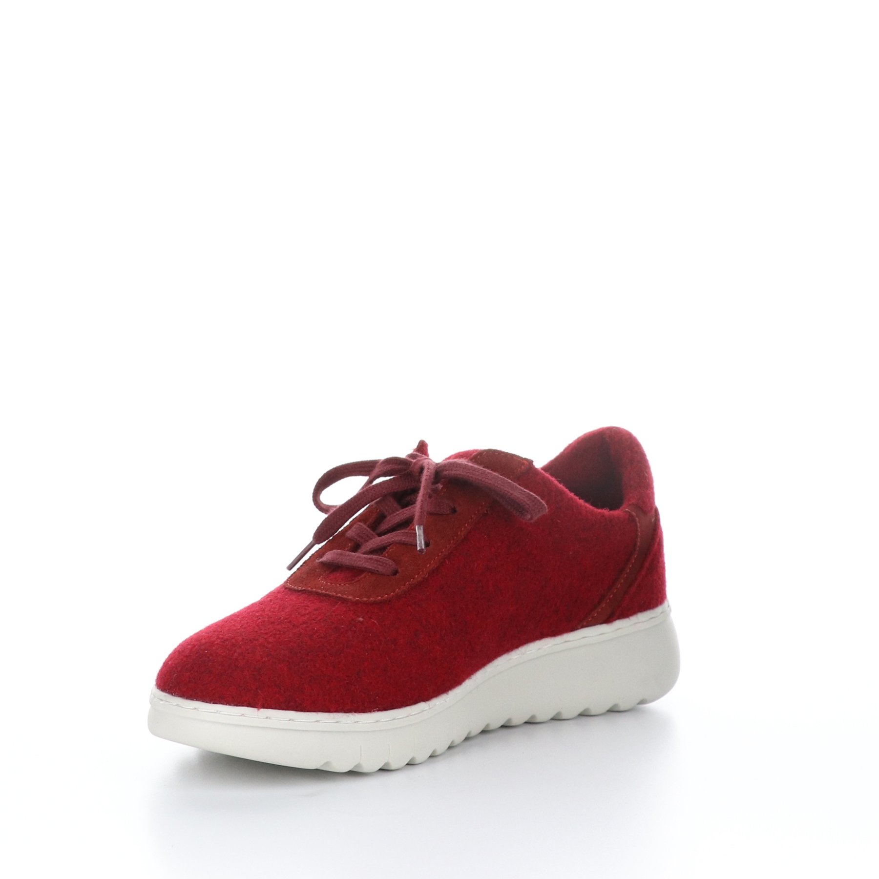 Inner front side view of the softinos elra sneaker in red. These tweed sneakers have a lace up front and a white sole.