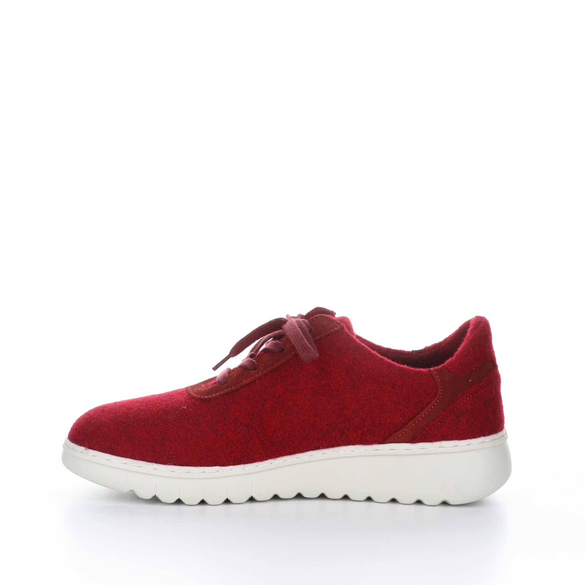 Inner side view of the softinos elra sneaker in red. These tweed sneakers have a lace up front and a white sole.