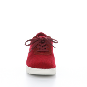 Front view of the softinos elra sneaker in red. These tweed sneakers have a lace up front and a white sole.