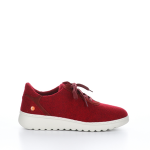 Outer side view of the softinos elra sneaker in red. These tweed sneakers have a lace up front and a white sole.