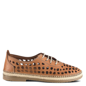 Outer side view of the Spring Step Bernetta Loafer. This loafer is camel/tan colored. It has a lace up front and cutout holes all over it.