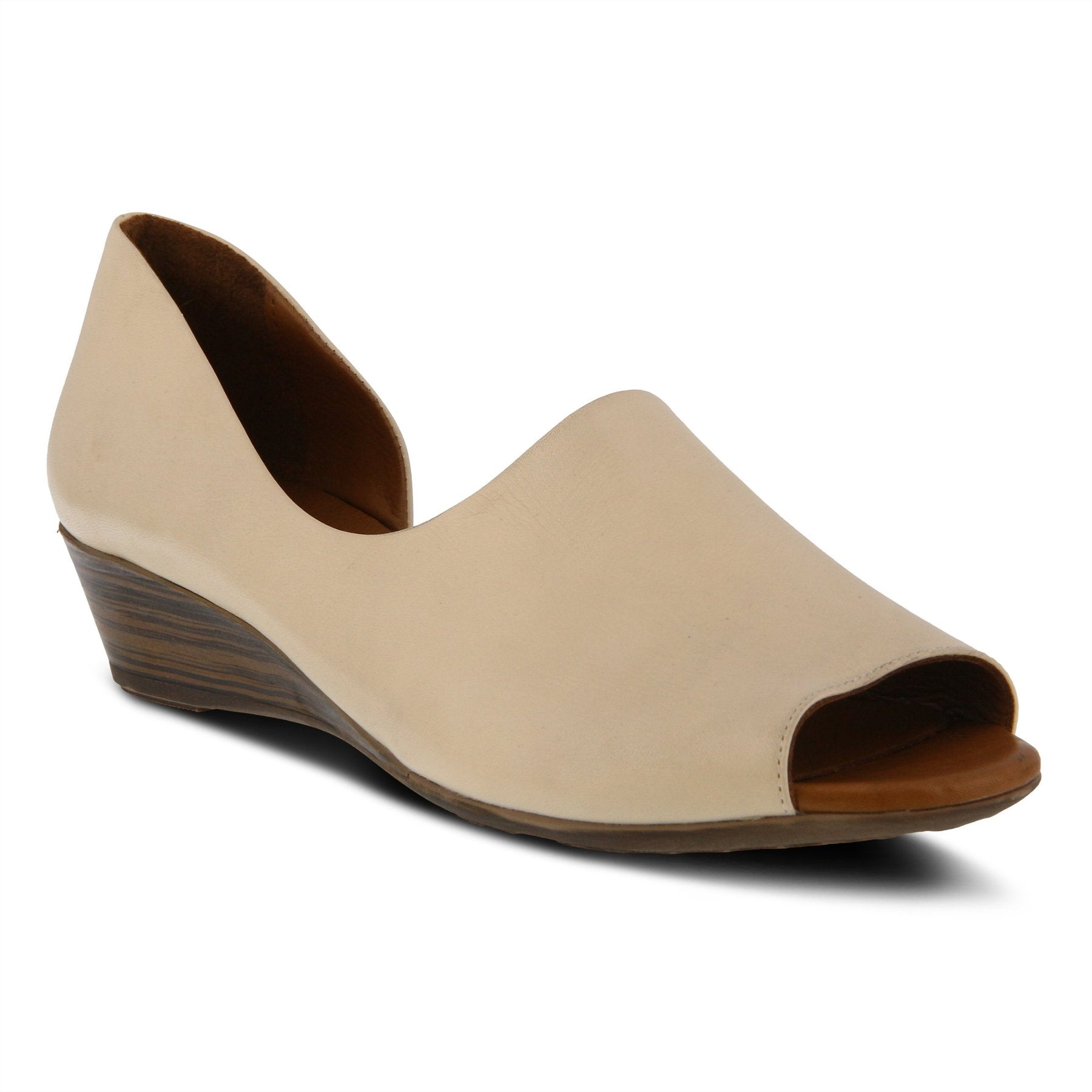 Front, outer side view of the Spring Step Lesamarie Shoe. This shoe is a light beige with a tan leather inner and slight wedge heel. The outer side covers the foot while in inner side reveals the arch. This shoe is also open toed.
