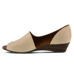 Load image into Gallery viewer, Inner side view of the Spring Step Lesamarie Shoe. This shoe is a light beige with a tan leather inner and slight wedge heel. The outer side covers the foot while in inner side reveals the arch. This shoe is also open toed.
