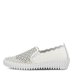 Load image into Gallery viewer, Inner side view of the spring step sasze sneaker. This all white slip on sneaker has a wedge heel, scalloped/wavy edges, and a laser-cut designed front.
