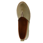 Load image into Gallery viewer, Birdseye view of the Spring Step Tispea loafer. This loafer is olive green colored with a v-cut vamp and a brown gummy slight wedge sole.

