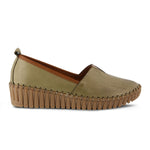 Load image into Gallery viewer, Outer side view of the Spring Step Tispea loafer. This loafer is olive green colored with a v-cut vamp and a brown gummy slight wedge sole.
