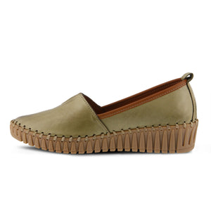SpringStepTispea_2.png  550 × 900px  Inner side view of the Spring Step Tispea loafer. This loafer is olive green colored with a v-cut vamp and a brown gummy slight wedge sole.