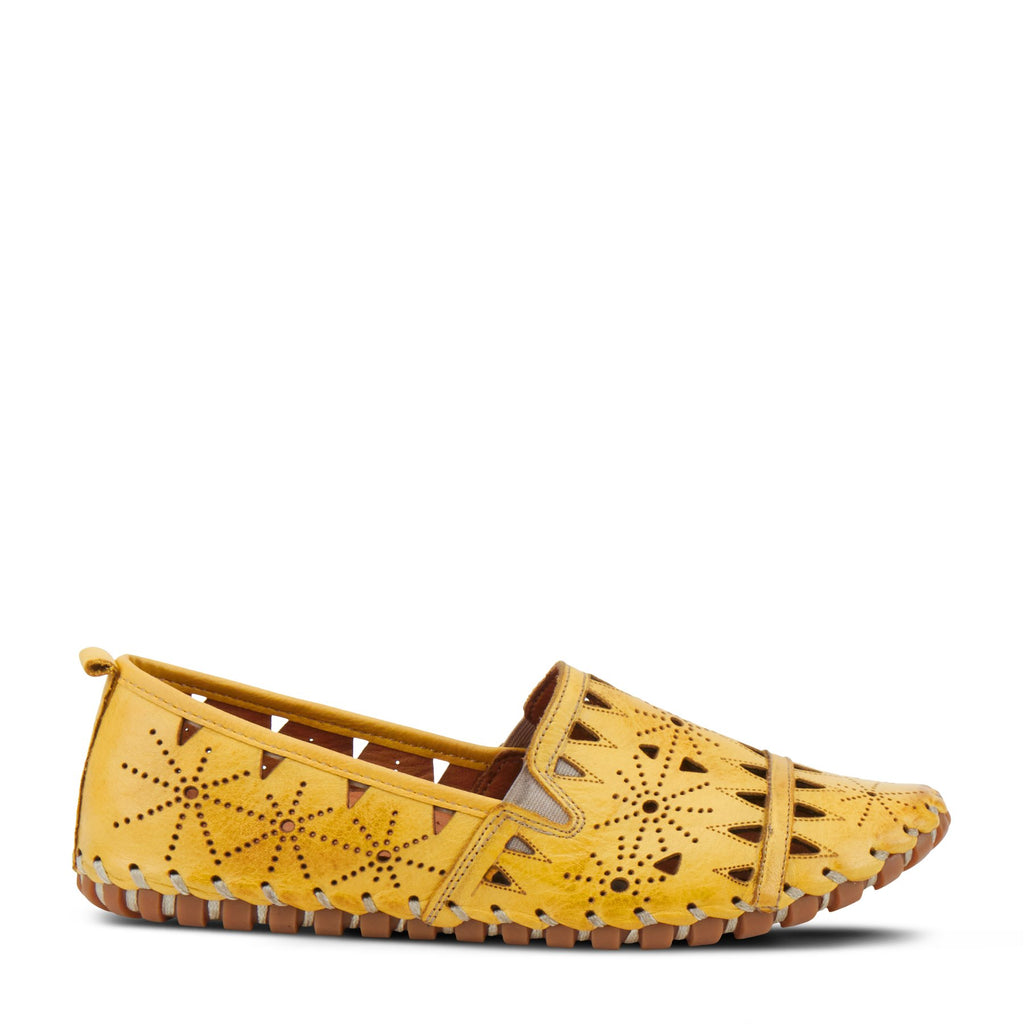 Outer side view of the spring step fusaro loafer. This slip on loafer is yellow with geometric cut outs and elastic v-shaped goring.