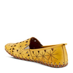 Load image into Gallery viewer, Inner back side view of the spring step fusaro loafer. This slip on loafer is yellow with geometric cut outs and elastic v-shaped goring.
