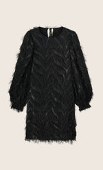 Load image into Gallery viewer, Front view of the summum fluffy dress in black. This dress has sparkly fringe on a chevron pattern and ends slightly above the knees.
