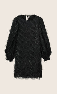 Front view of the summum fluffy dress in black. This dress has sparkly fringe on a chevron pattern and ends slightly above the knees.