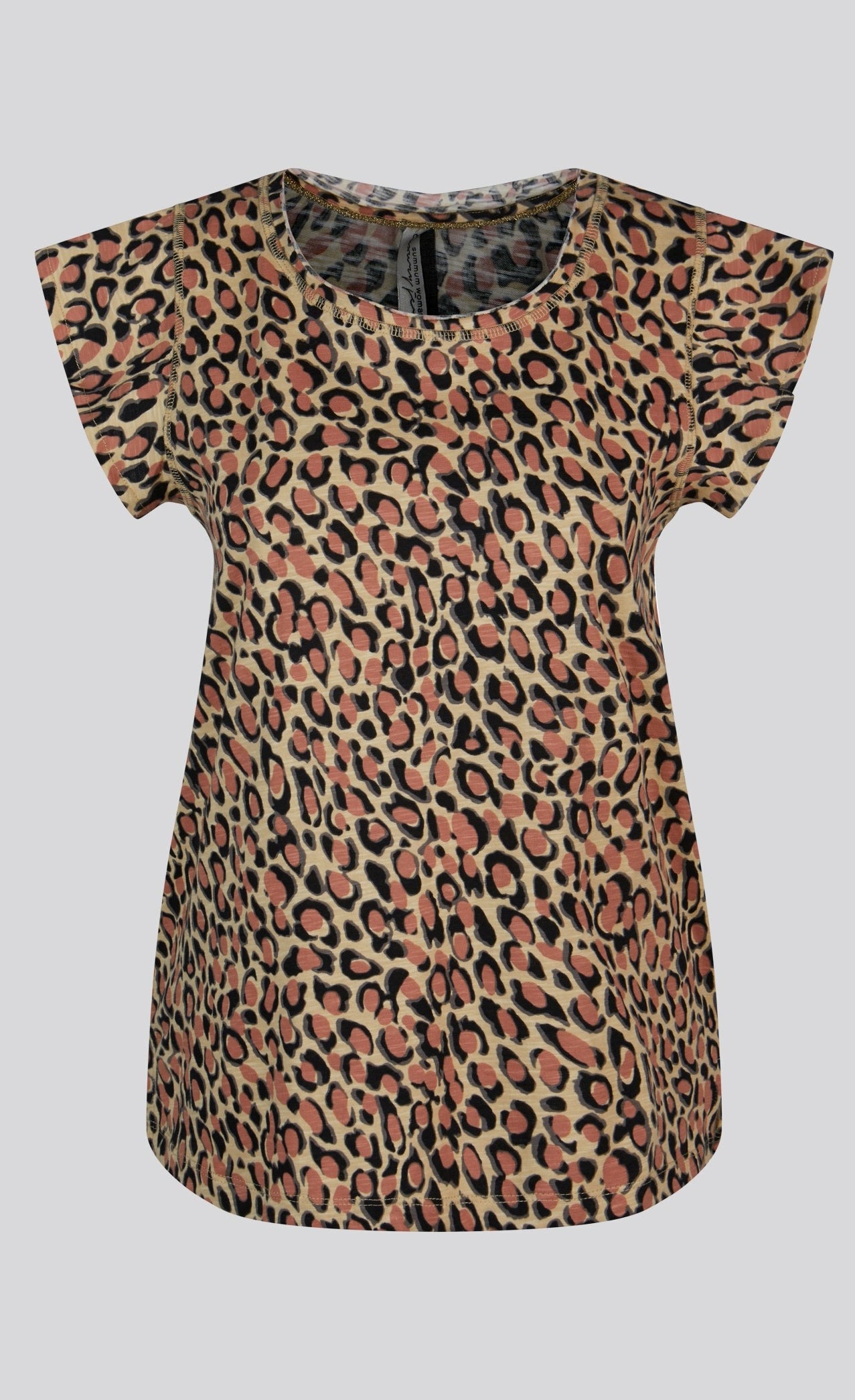 Front view of the summum animal print t-shirt. The T-shirt has short cap sleeves and a pink and navy animal print all over it.