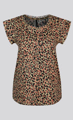 Load image into Gallery viewer, Front view of the summum animal print t-shirt. The T-shirt has short cap sleeves and a pink and navy animal print all over it.
