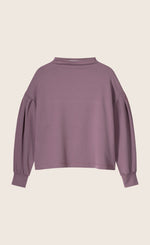 Load image into Gallery viewer, Front view of the summum scuba pullover. This pullover is mauve colored, has drop shoulders, long puff sleeves, and cuffs. The top also has a boat neck.
