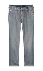 Load image into Gallery viewer, Front view of the summum straight blue daze denim pants. These jeans are blue-grey with a shimmer. They have a cropped and cuffed bottom, pockets, and a tie belt.
