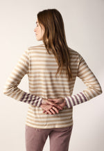 Load image into Gallery viewer, back top half view of the summum striped tone-on-tone shirt. This top has neutral brown stripes with contrasting wine stripes on the end of the long sleeves. The top also has a slight funnel neck.
