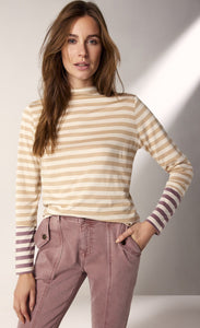 front top half view of the summum striped tone-on-tone shirt. This top has neutral brown stripes with contrasting wine stripes on the end of the long sleeves. The top also has a slight funnel neck.