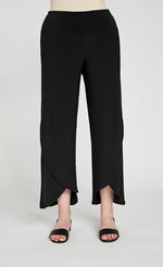 Load image into Gallery viewer, Front bottom half view of a woman wearing the sympli narrow rapt pant. These pants are black and feature side pockets, a wide waistband, a wrapped look near the hem, and a relaxed, straight silhouette
